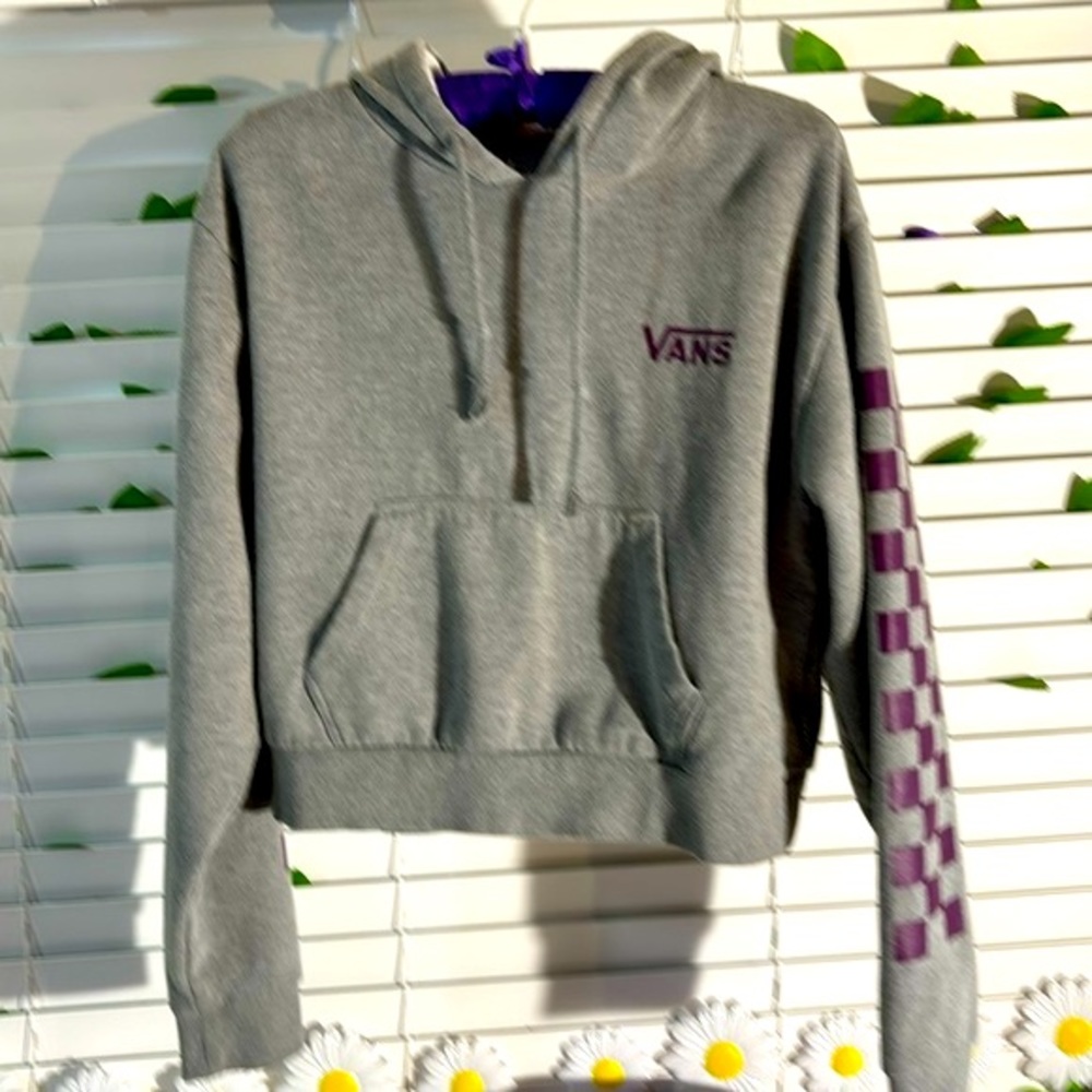 Vans gray hoodie with purple checkered flag print sleeves